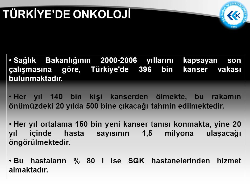 TÜRKİYE’DE ONKOLOJİ Sağlık Bakanlığının yıllarını kapsayan son çalışmasına göre, Türkiye de 396 bin kanser vakası bulunmaktadır.