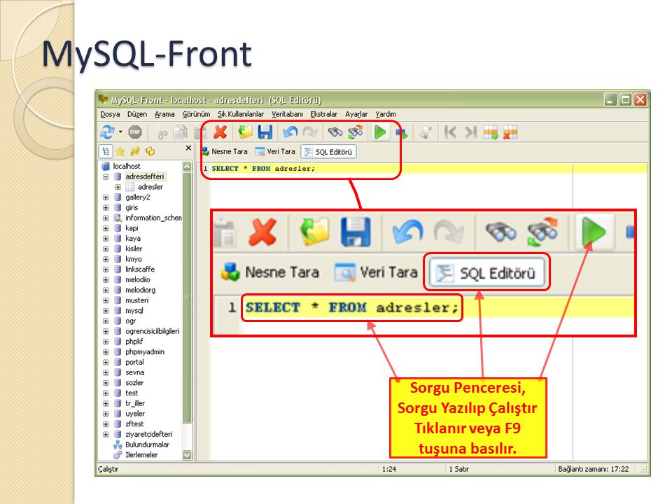 MySQL-Front Sorgu Penceresi, Sorgu Yazılıp Çalıştır Tıklanır veya F9 tuşuna basılır.