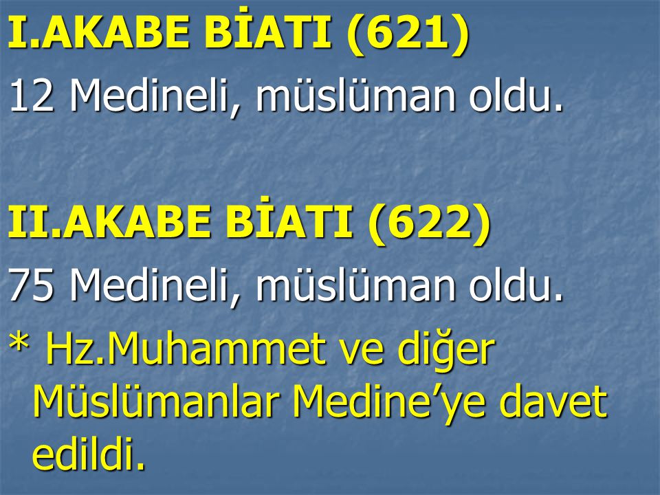 I.AKABE BİATI (621) 12 Medineli, müslüman oldu. II.AKABE BİATI (622) 75 Medineli, müslüman oldu.