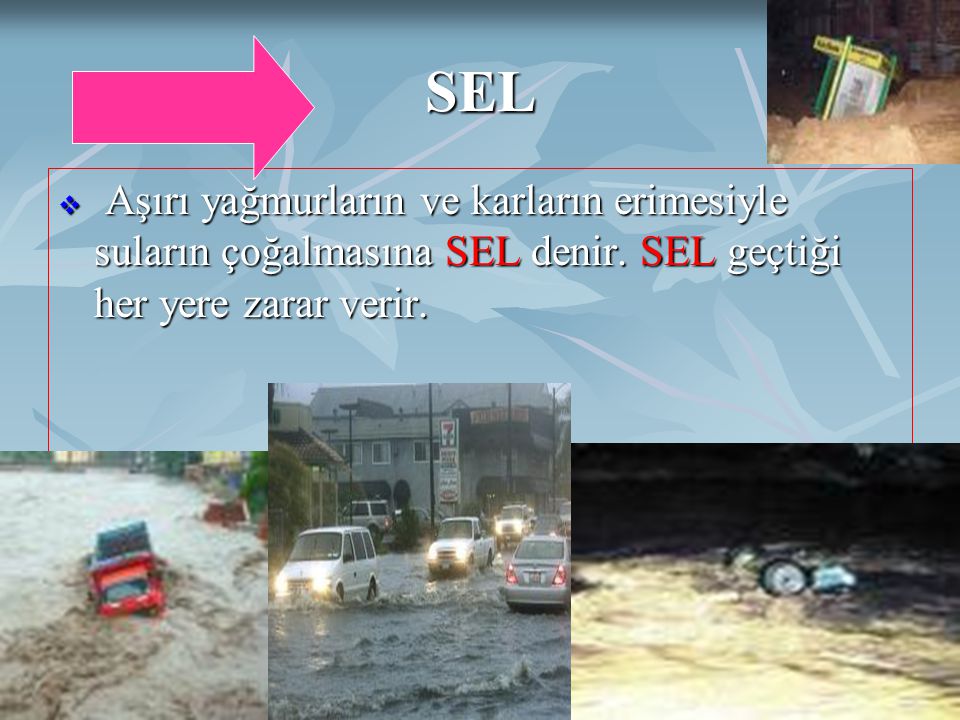 SEL Aşırı yağmurların ve karların erimesiyle suların çoğalmasına SEL denir. SEL geçtiği her yere zarar verir.