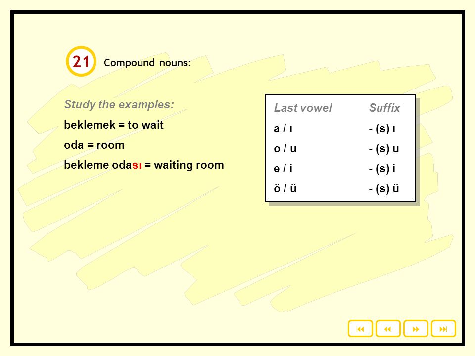 21 Study the examples: Last vowel Suffix beklemek = to wait