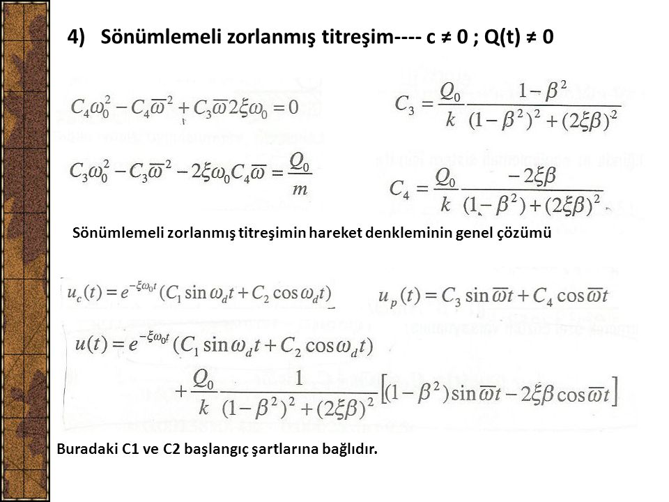 4) Sönümlemeli zorlanmış titreşim---- c ≠ 0 ; Q(t) ≠ 0