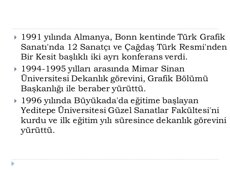 1991 yılında Almanya, Bonn kentinde Türk Grafik Sanatı nda 12 Sanatçı ve Çağdaş Türk Resmi nden Bir Kesit başlıklı iki ayrı konferans verdi.