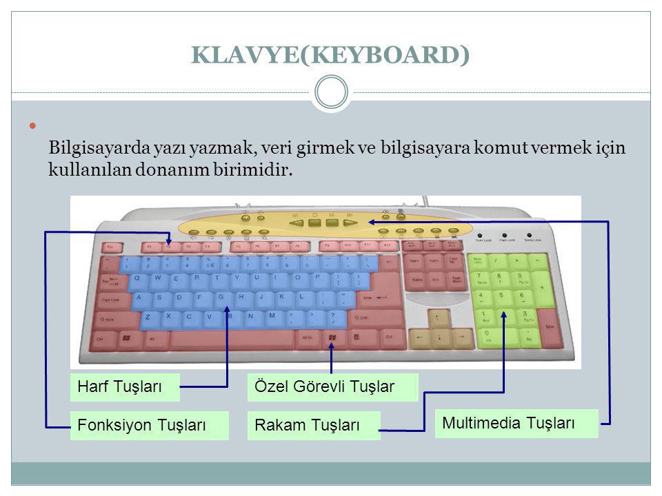 KLAVYE(KEYBOARD) Klavye Bilgisayarda yazı yazmak, veri girmek ve bilgisayara komut vermek için kullanılan donanım birimidir.