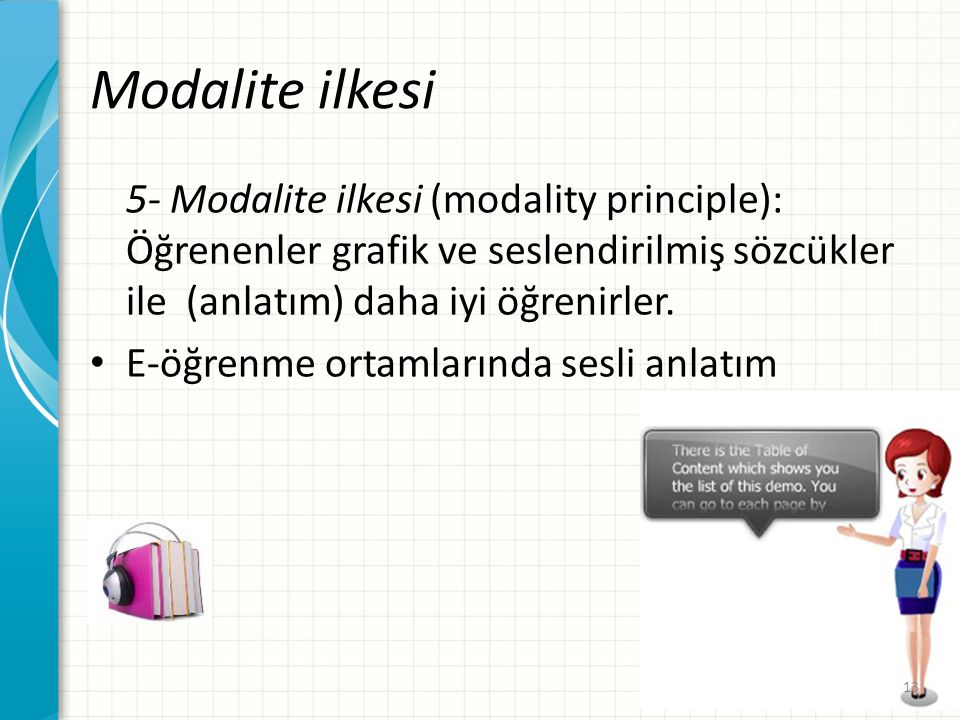 Modalite ilkesi 5- Modalite ilkesi (modality principle): Öğrenenler grafik ve seslendirilmiş sözcükler ile (anlatım) daha iyi öğrenirler.