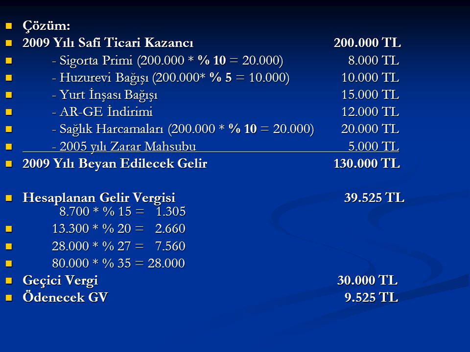 Çözüm: 2009 Yılı Safi Ticari Kazancı TL. - Sigorta Primi ( * % 10 = ) TL.