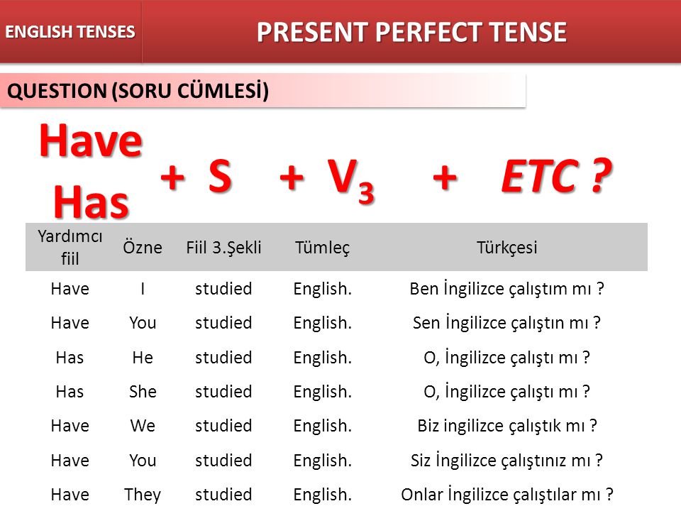 Have Has + S + V3 + ETC PRESENT PERFECT TENSE