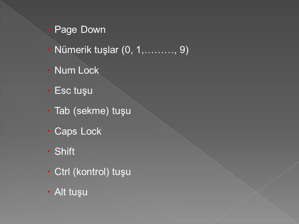 Page Down Nümerik tuşlar (0, 1,………, 9) Num Lock. Esc tuşu. Tab (sekme) tuşu. Caps Lock. Shift.