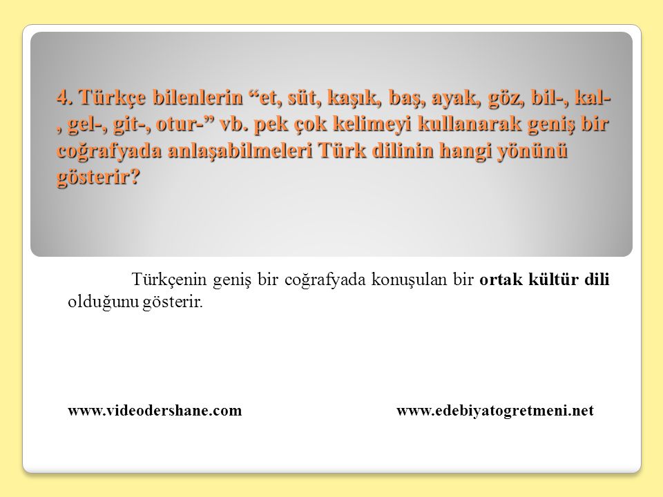 4. Türkçe bilenlerin et, süt, kaşık, baş, ayak, göz, bil-, kal-, gel-, git-, otur- vb. pek çok kelimeyi kullanarak geniş bir coğrafyada anlaşabilmeleri Türk dilinin hangi yönünü gösterir