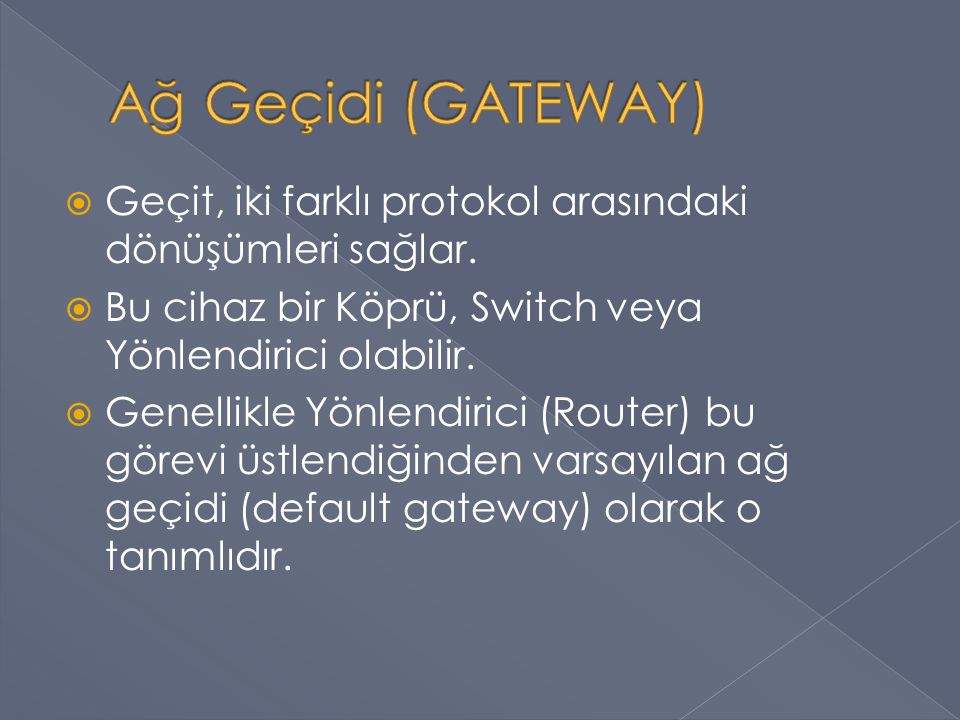 Ağ Geçidi (GATEWAY) Geçit, iki farklı protokol arasındaki dönüşümleri sağlar. Bu cihaz bir Köprü, Switch veya Yönlendirici olabilir.