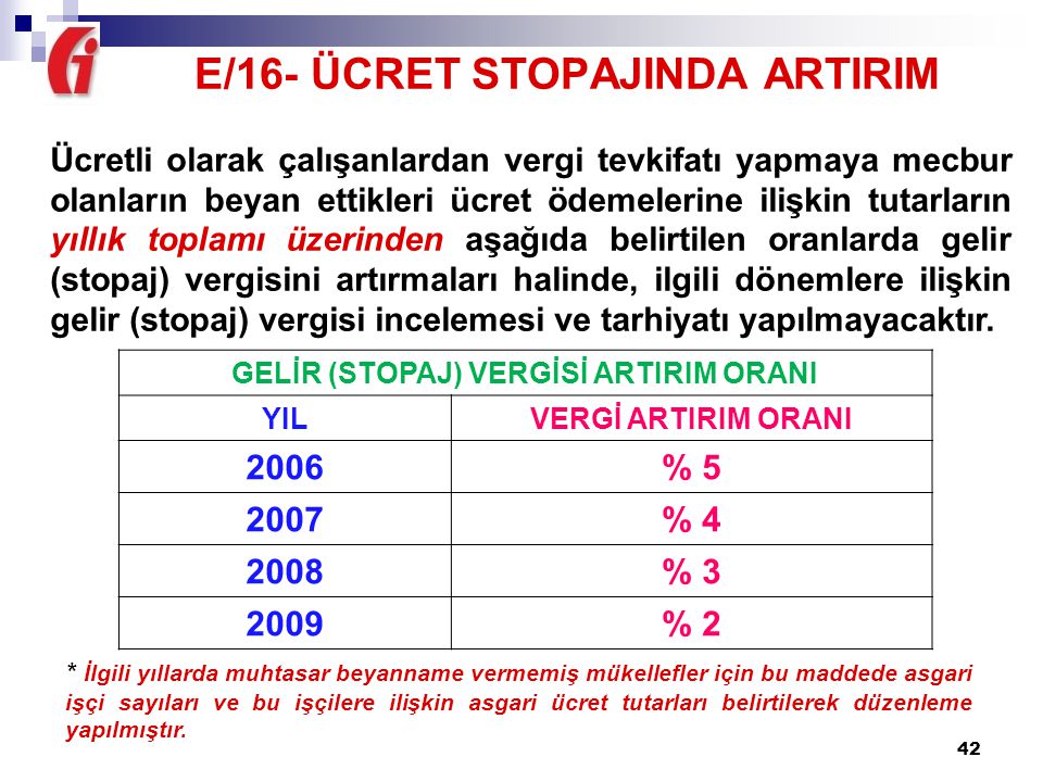 E/16- ÜCRET STOPAJINDA ARTIRIM GELİR (STOPAJ) VERGİSİ ARTIRIM ORANI