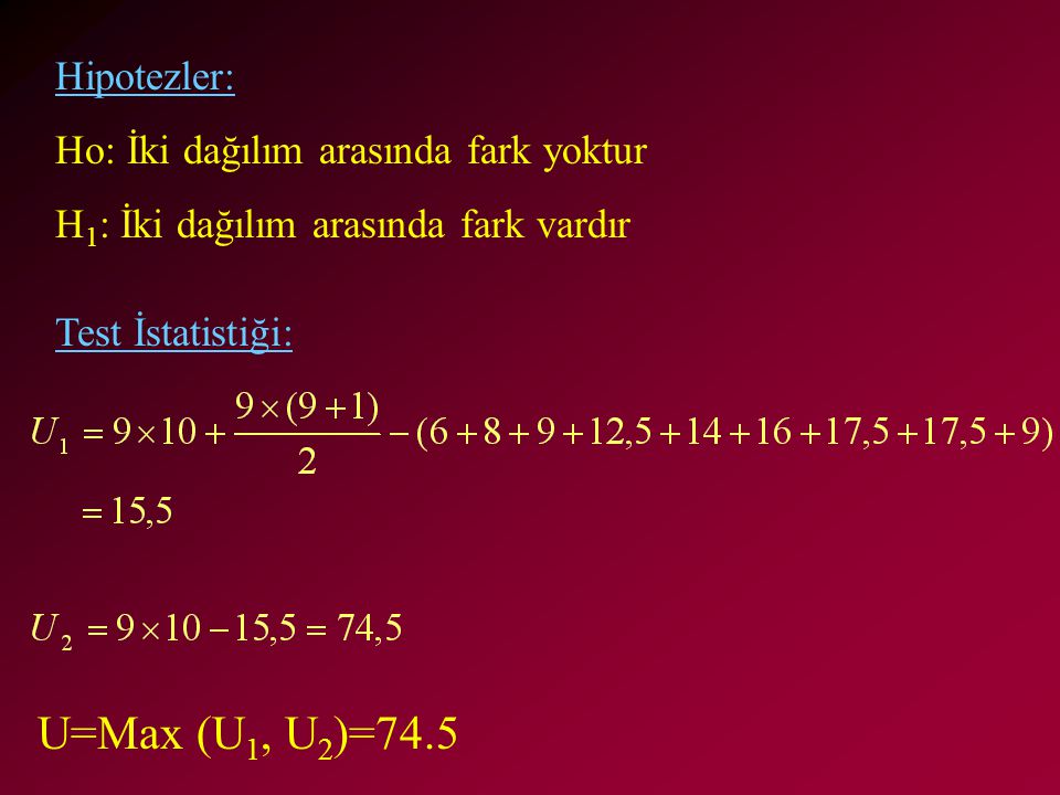 U=Max (U1, U2)=74.5 Hipotezler: Ho: İki dağılım arasında fark yoktur