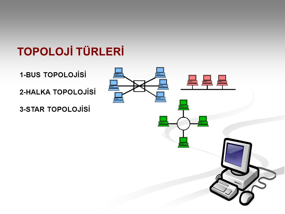 TOPOLOJİ TÜRLERİ 1-BUS TOPOLOJİSİ 2-HALKA TOPOLOJİSİ 3-STAR TOPOLOJİSİ