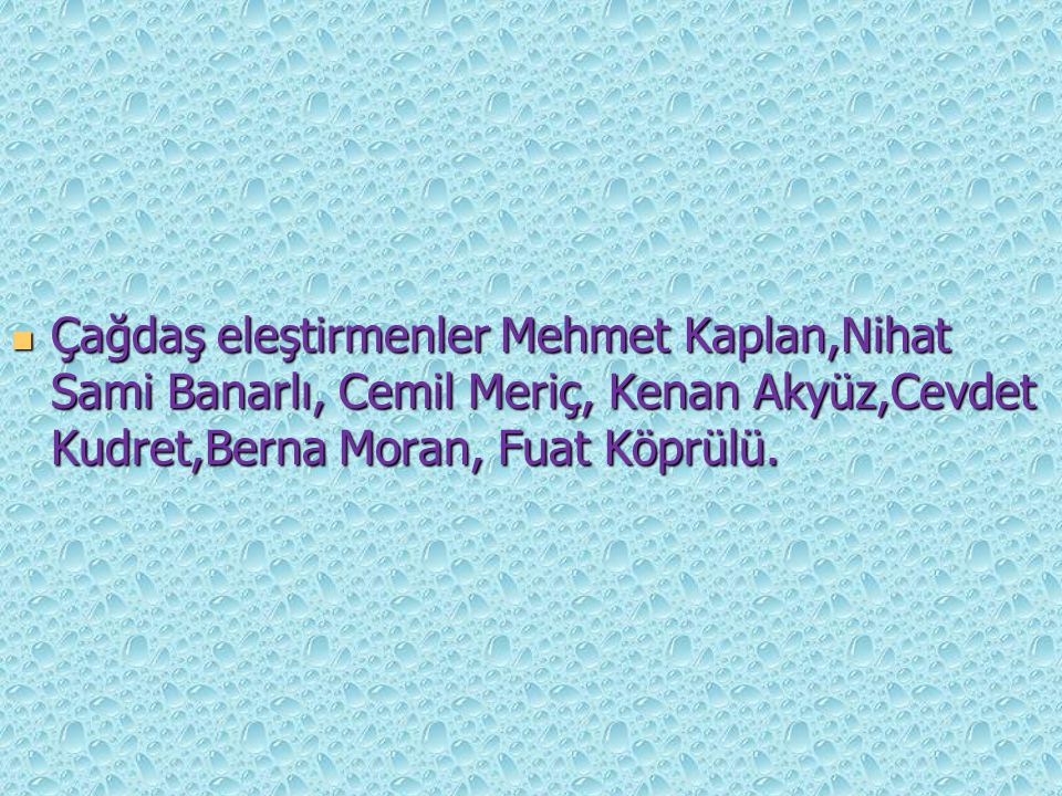 Çağdaş eleştirmenler Mehmet Kaplan,Nihat Sami Banarlı, Cemil Meriç, Kenan Akyüz,Cevdet Kudret,Berna Moran, Fuat Köprülü.