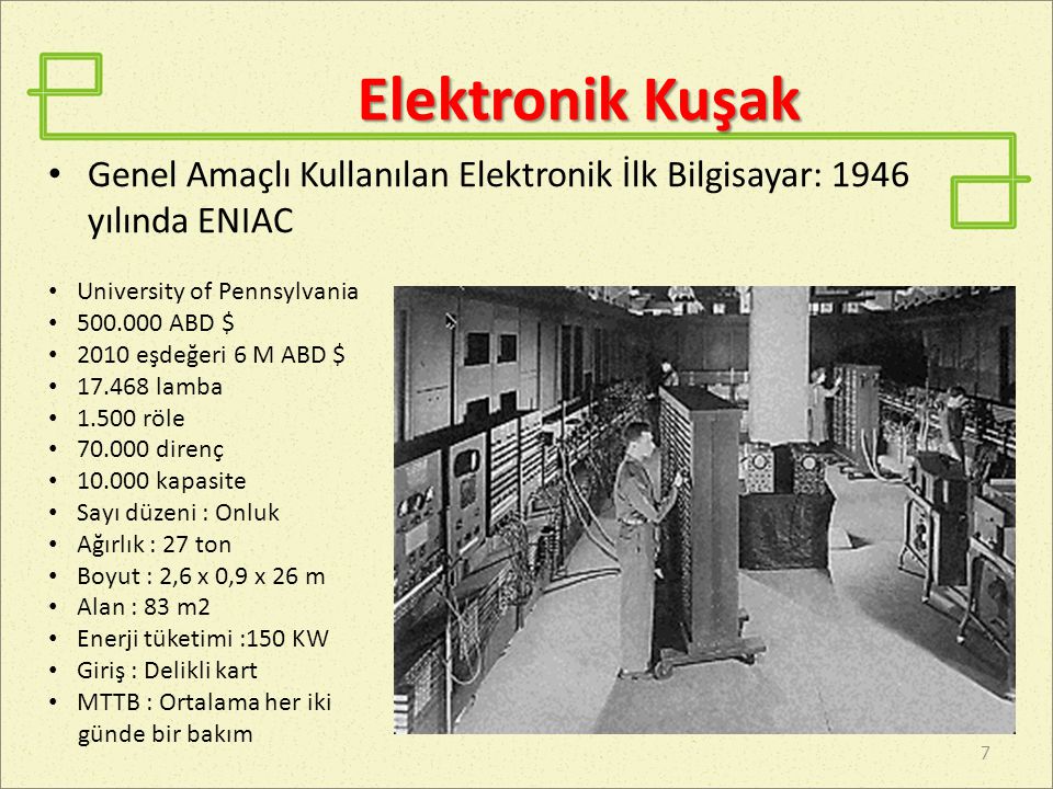Elektronik Kuşak Genel Amaçlı Kullanılan Elektronik İlk Bilgisayar: 1946 yılında ENIAC. University of Pennsylvania.
