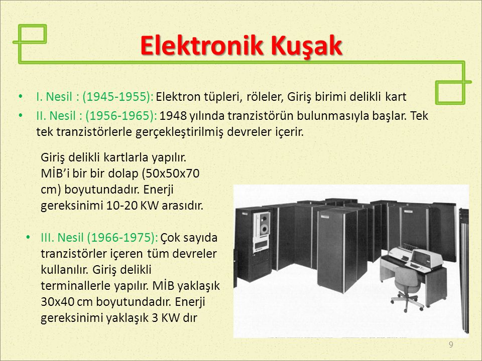 Elektronik Kuşak I. Nesil : ( ): Elektron tüpleri, röleler, Giriş birimi delikli kart.