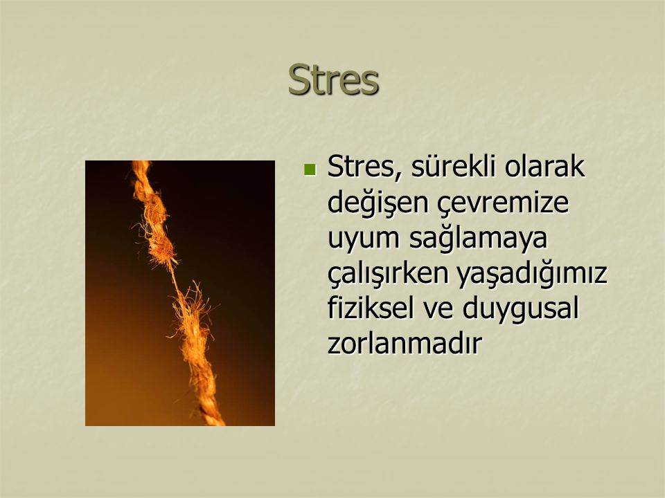 Stres Stres, sürekli olarak değişen çevremize uyum sağlamaya çalışırken yaşadığımız fiziksel ve duygusal zorlanmadır.