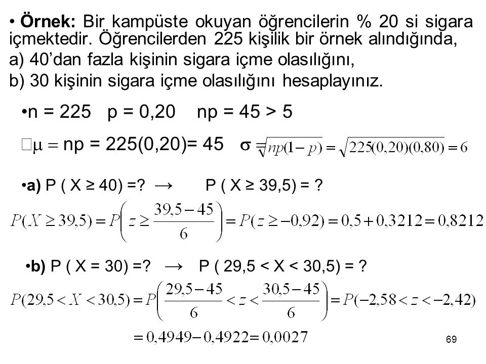 n = 225 p = 0,20 np = 45 > 5 m = np = 225(0,20)= 45 s =