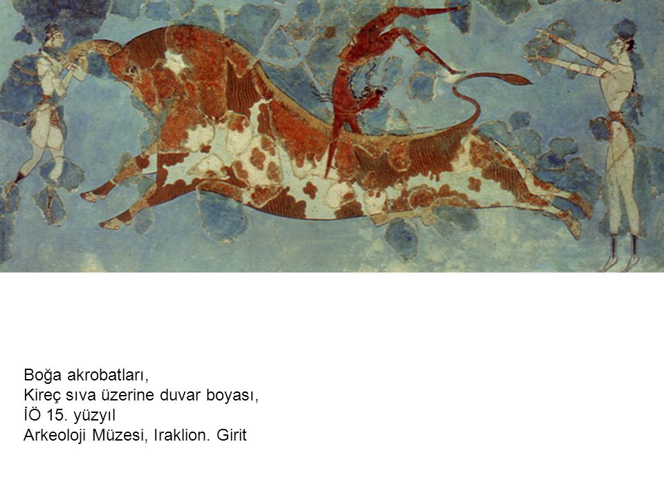 Boğa akrobatları, Kireç sıva üzerine duvar boyası, İÖ 15. yüzyıl Arkeoloji Müzesi, Iraklion. Girit