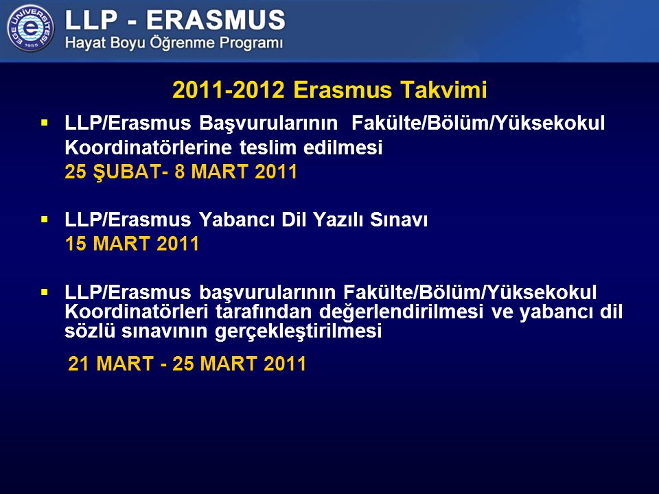 Erasmus Takvimi LLP/Erasmus Başvurularının Fakülte/Bölüm/Yüksekokul. Koordinatörlerine teslim edilmesi.