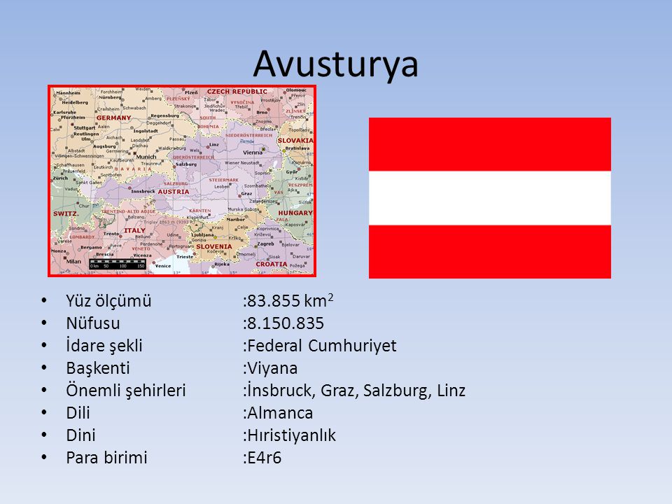 Avusturya Yüz ölçümü : km2 Nüfusu :
