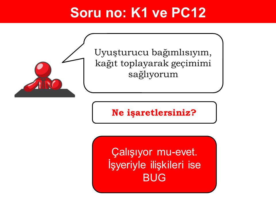Soru no: K1 ve PC12 Çalışıyor mu-evet. İşyeriyle ilişkileri ise BUG