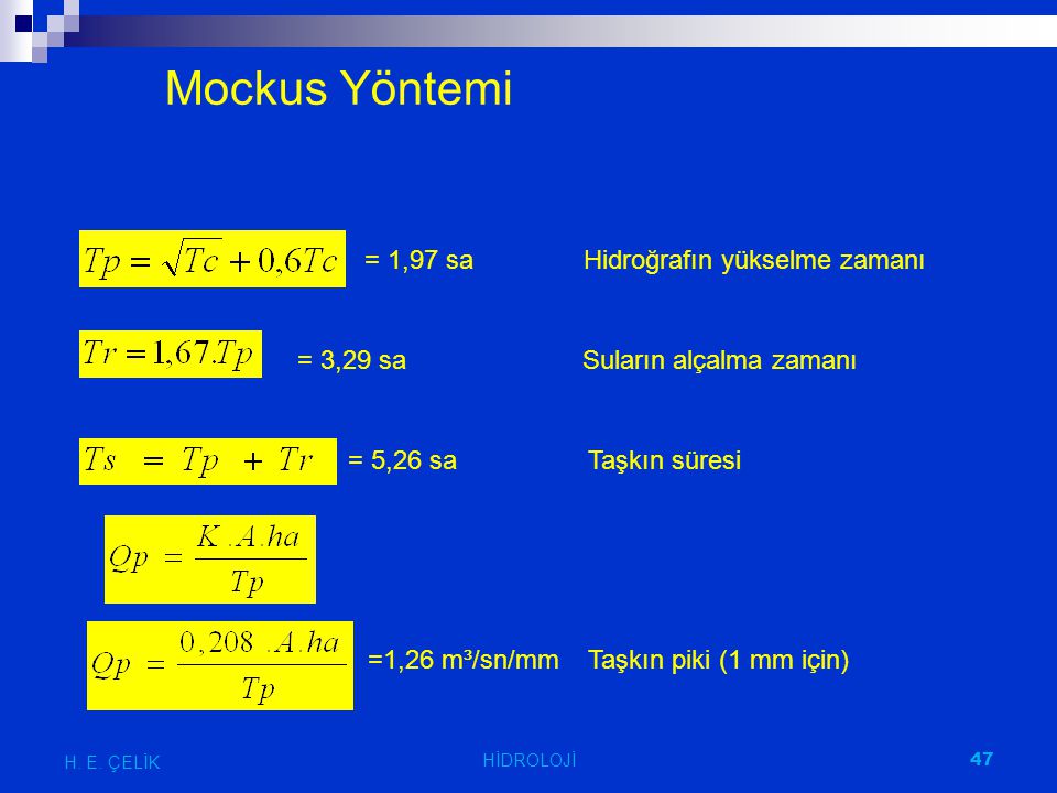 Mockus Yöntemi = 1,97 sa Hidroğrafın yükselme zamanı