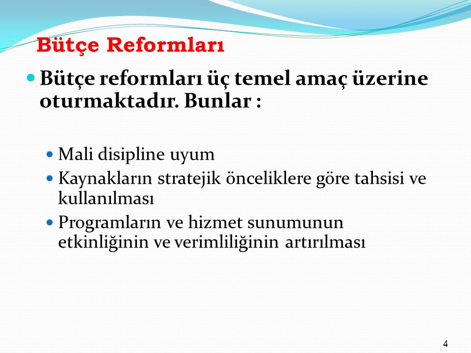 Bütçe reformları üç temel amaç üzerine oturmaktadır. Bunlar :