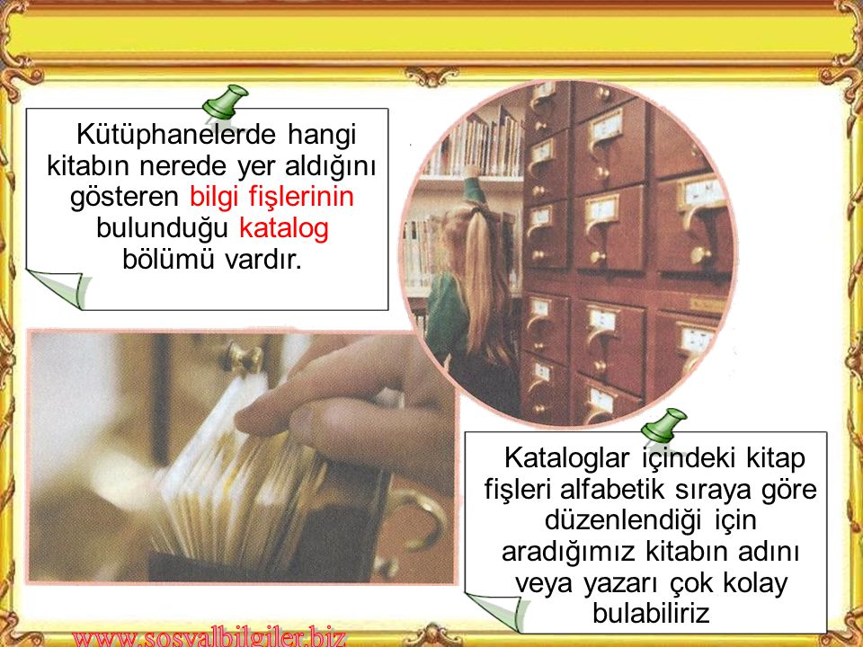 Kütüphanelerde hangi kitabın nerede yer aldığını gösteren bilgi fişlerinin bulunduğu katalog bölümü vardır.