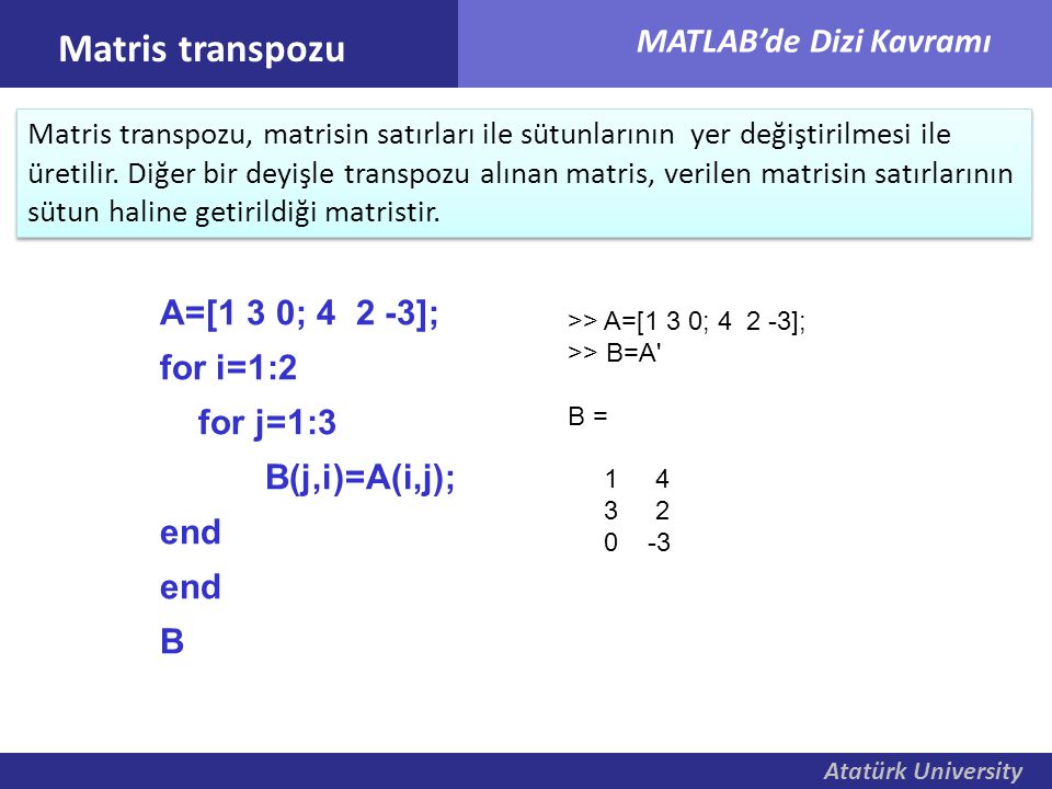 Matris transpozu A=[1 3 0; ]; for i=1:2 for j=1:3 B(j,i)=A(i,j);