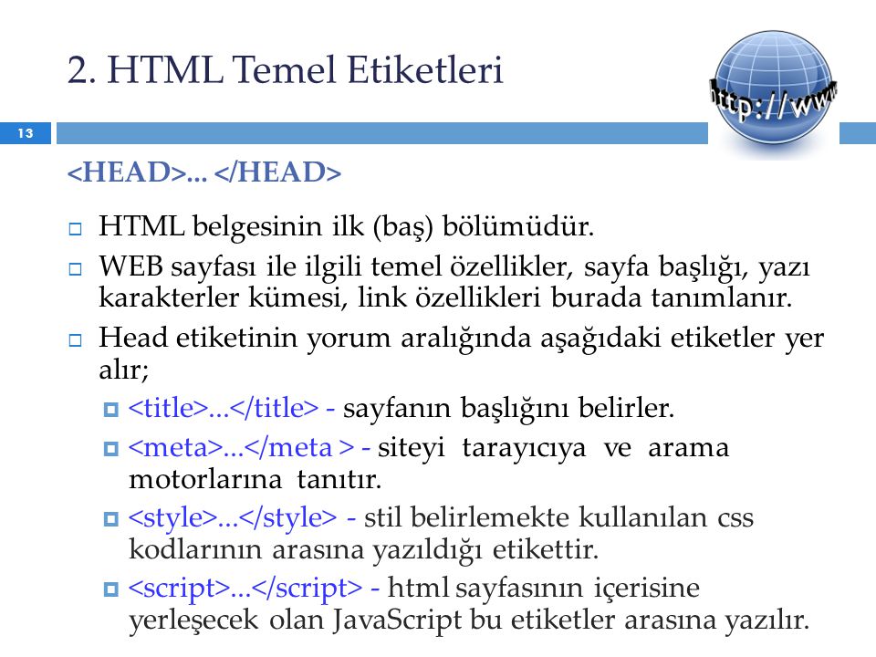 2. HTML Temel Etiketleri <HEAD>... </HEAD>