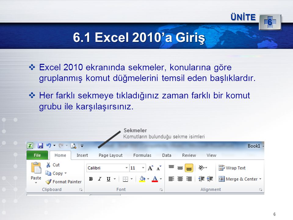 ÜNİTE Excel 2010’a Giriş. Excel 2010 ekranında sekmeler, konularına göre gruplanmış komut düğmelerini temsil eden başlıklardır.