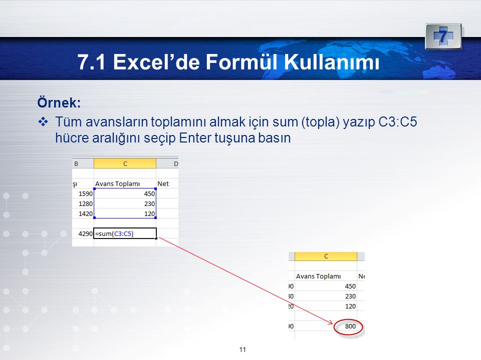 7.1 Excel’de Formül Kullanımı