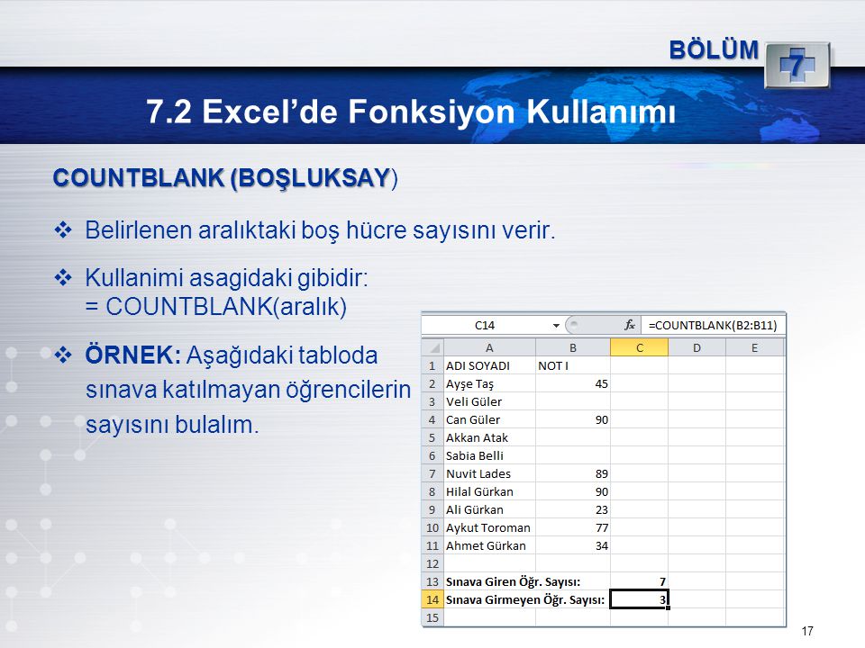7.2 Excel’de Fonksiyon Kullanımı