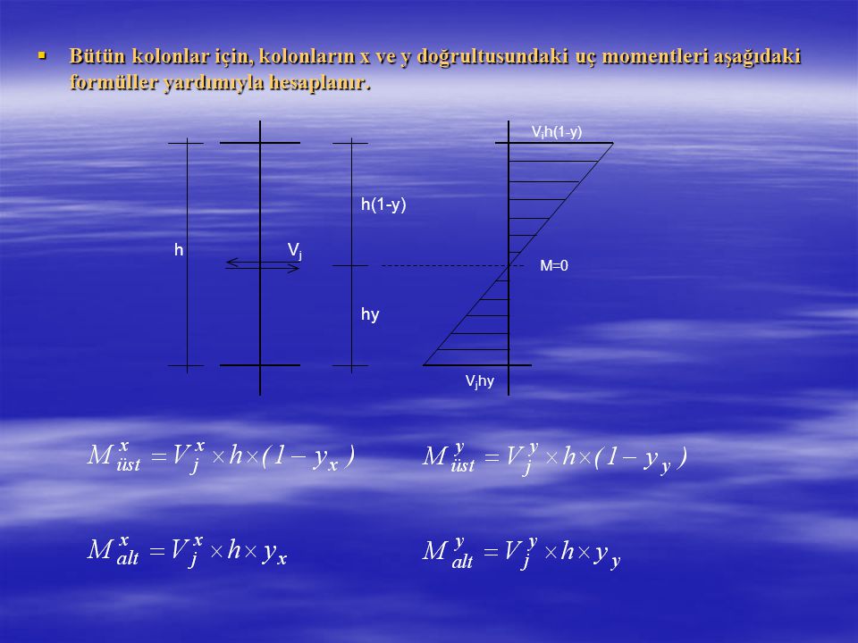Bütün kolonlar için, kolonların x ve y doğrultusundaki uç momentleri aşağıdaki formüller yardımıyla hesaplanır.