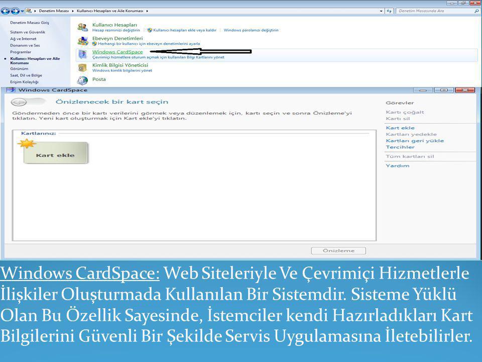 Windows CardSpace: Web Siteleriyle Ve Çevrimiçi Hizmetlerle İlişkiler Oluşturmada Kullanılan Bir Sistemdir.