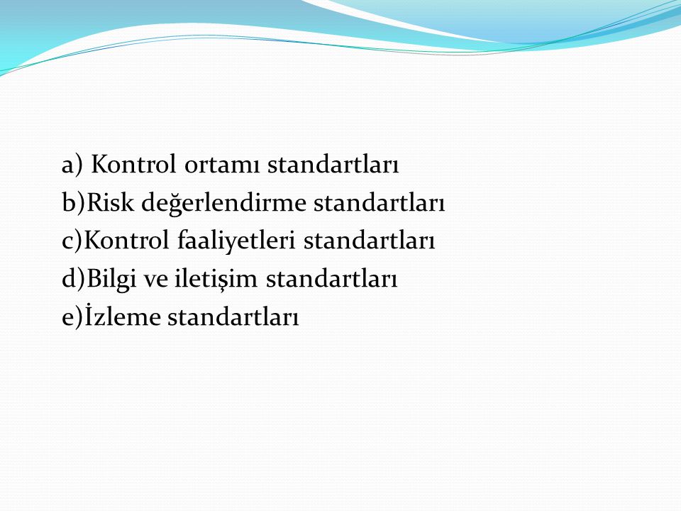 a) Kontrol ortamı standartları b)Risk değerlendirme standartları c)Kontrol faaliyetleri standartları d)Bilgi ve iletişim standartları e)İzleme standartları