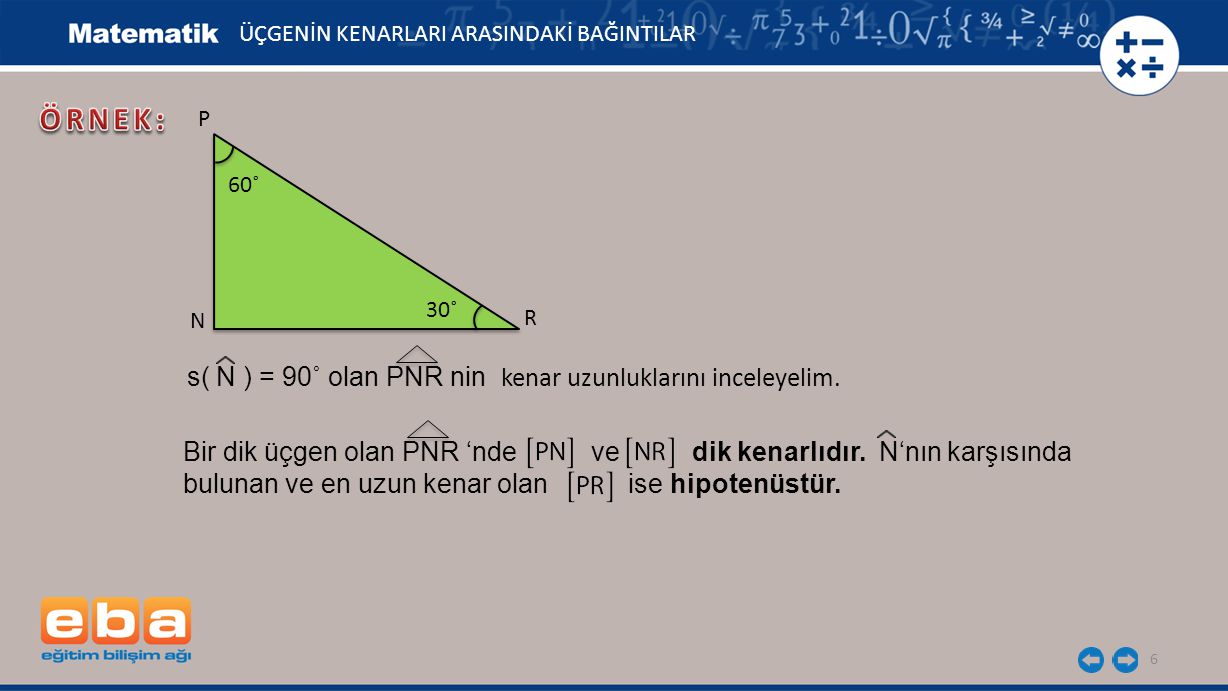 ÖRNEK: s( N ) = 90˚ olan PNR nin kenar uzunluklarını inceleyelim.