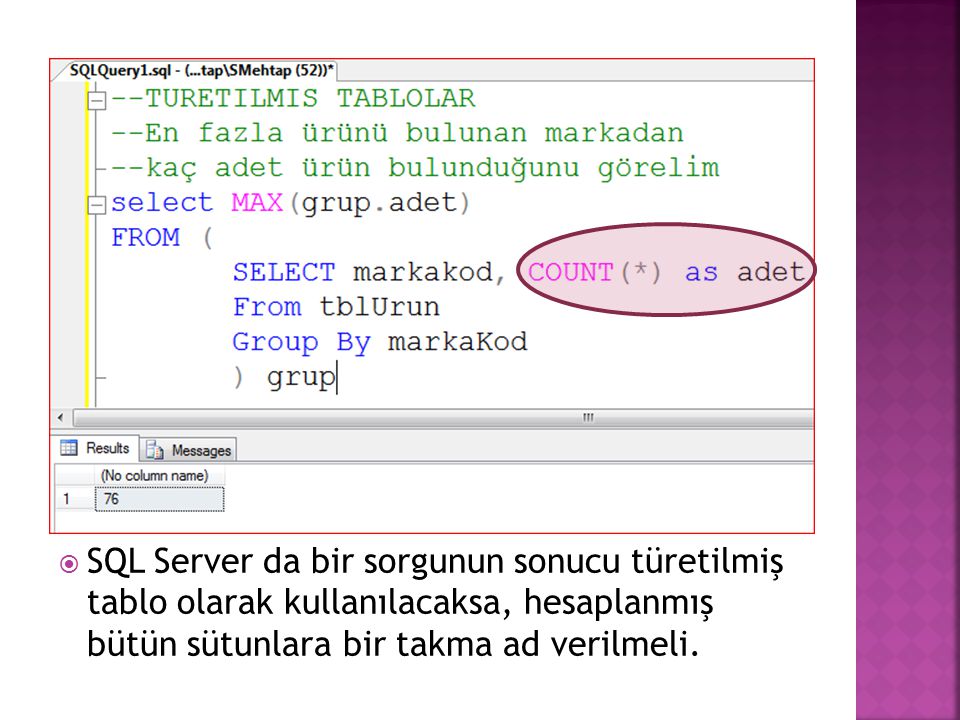 SQL Server da bir sorgunun sonucu türetilmiş tablo olarak kullanılacaksa, hesaplanmış bütün sütunlara bir takma ad verilmeli.
