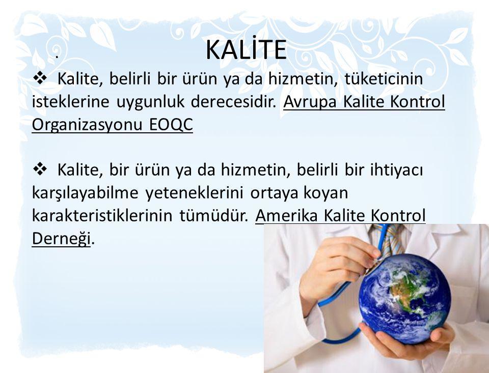 KALİTE Kalite, belirli bir ürün ya da hizmetin, tüketicinin isteklerine uygunluk derecesidir. Avrupa Kalite Kontrol Organizasyonu EOQC.