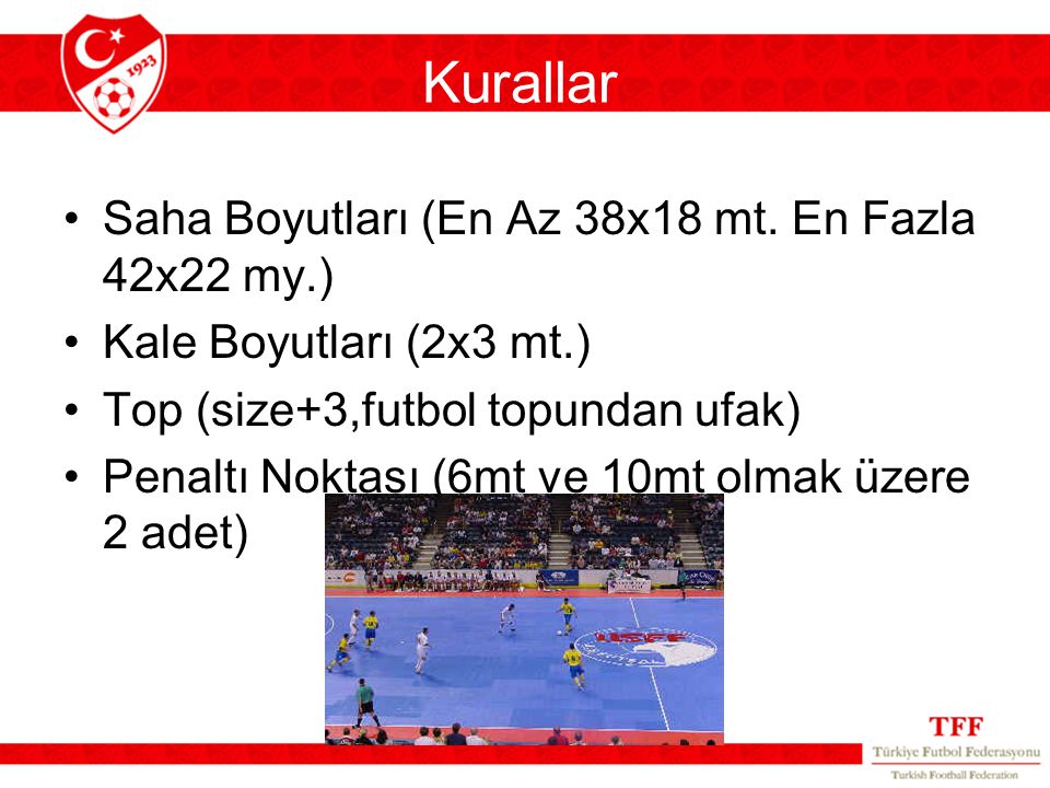Kurallar Saha Boyutları (En Az 38x18 mt. En Fazla 42x22 my.)