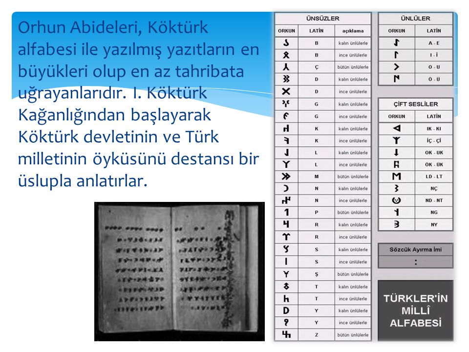 Orhun Abideleri, Köktürk alfabesi ile yazılmış yazıtların en büyükleri olup en az tahribata uğrayanlarıdır.