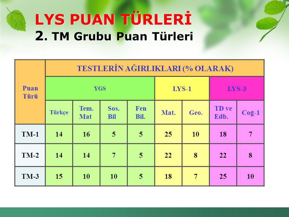 LYS PUAN TÜRLERİ 2. TM Grubu Puan Türleri