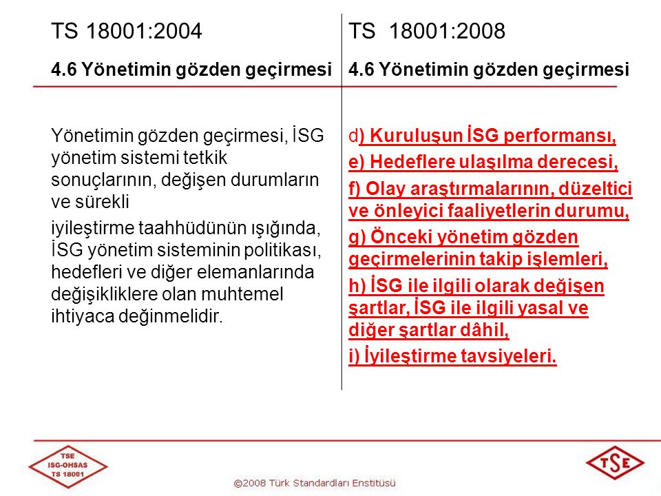 TS 18001:2004 TS 18001: Yönetimin gözden geçirmesi