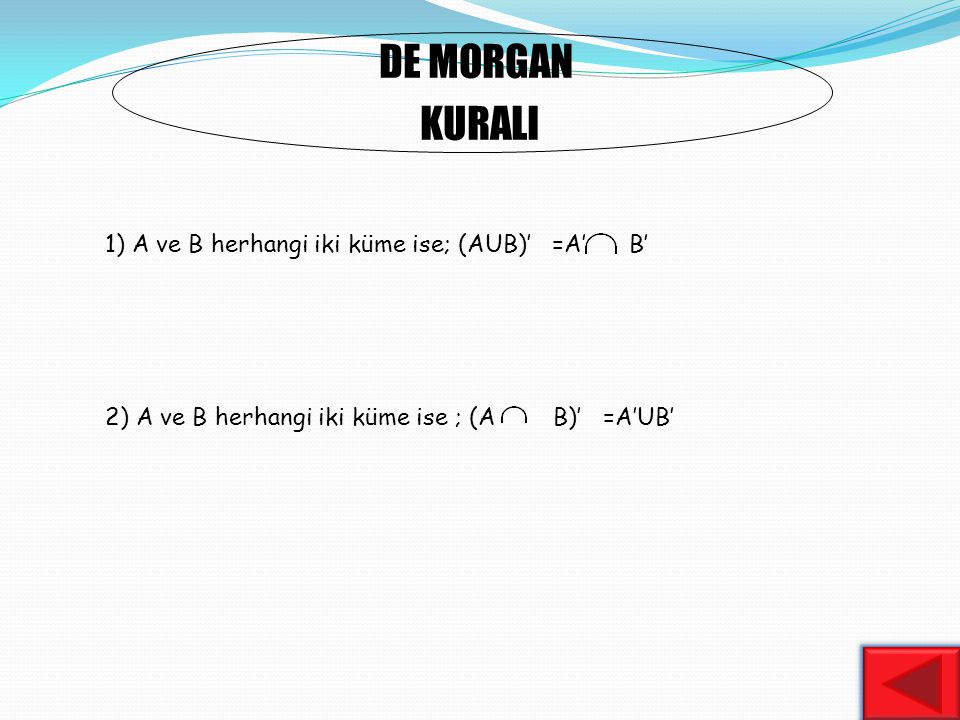 DE MORGAN KURALI 1) A ve B herhangi iki küme ise; (AUB)’ =A’ B’