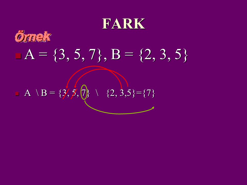 FARK A = {3, 5, 7}, B = {2, 3, 5} A \ B = {3, 5, 7} \ {2, 3,5}={7}