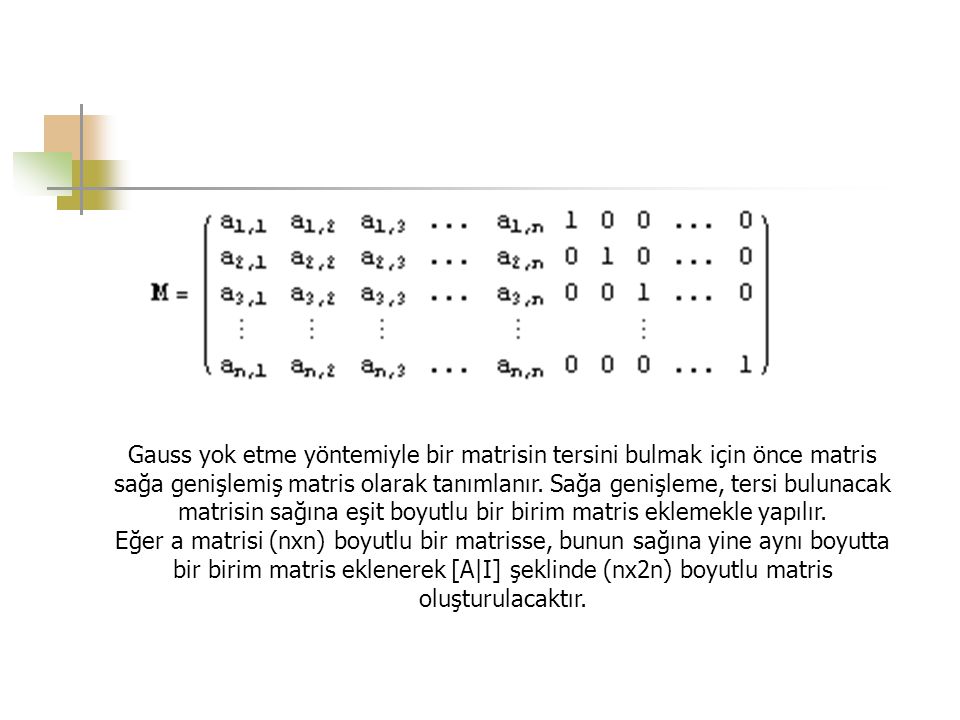 Gauss yok etme yöntemiyle bir matrisin tersini bulmak için önce matris sağa genişlemiş matris olarak tanımlanır. Sağa genişleme, tersi bulunacak matrisin sağına eşit boyutlu bir birim matris eklemekle yapılır.