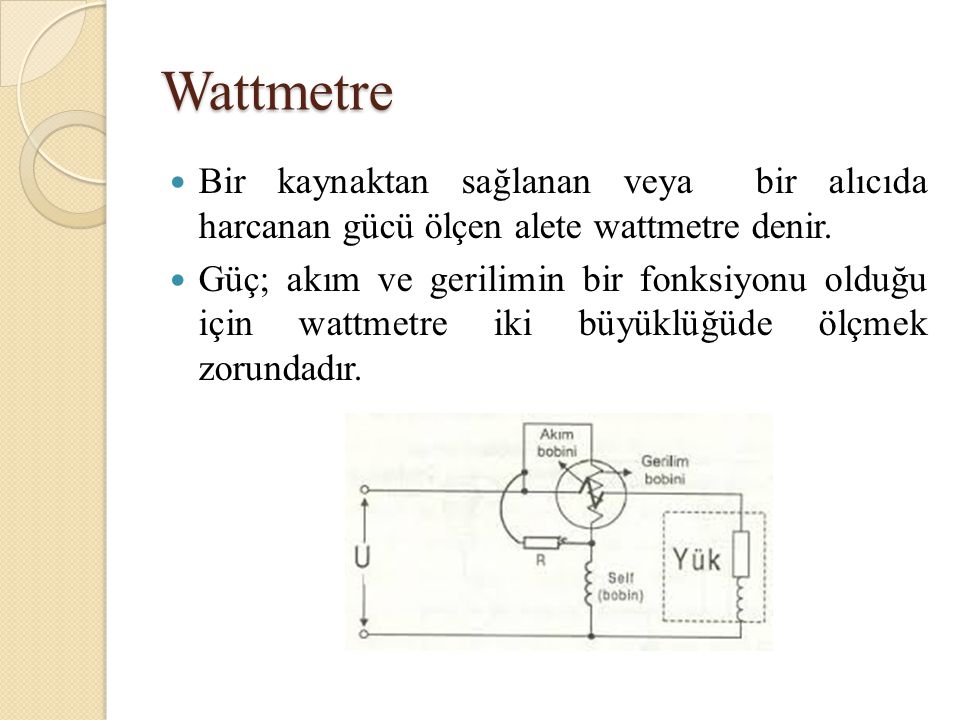 Wattmetre Bir kaynaktan sağlanan veya bir alıcıda harcanan gücü ölçen alete wattmetre denir.