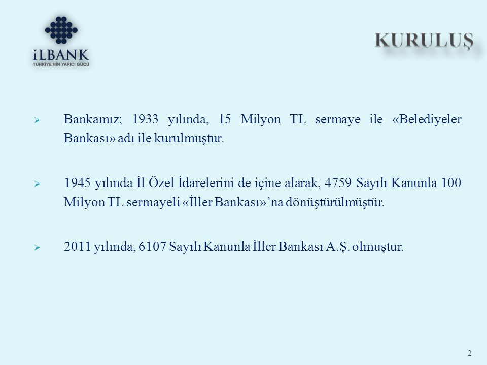 KURULUŞ Bankamız; 1933 yılında, 15 Milyon TL sermaye ile «Belediyeler Bankası» adı ile kurulmuştur.