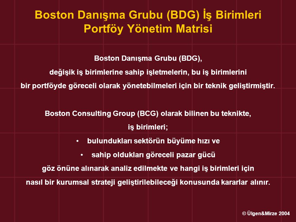 Boston Danışma Grubu (BDG) İş Birimleri Portföy Yönetim Matrisi